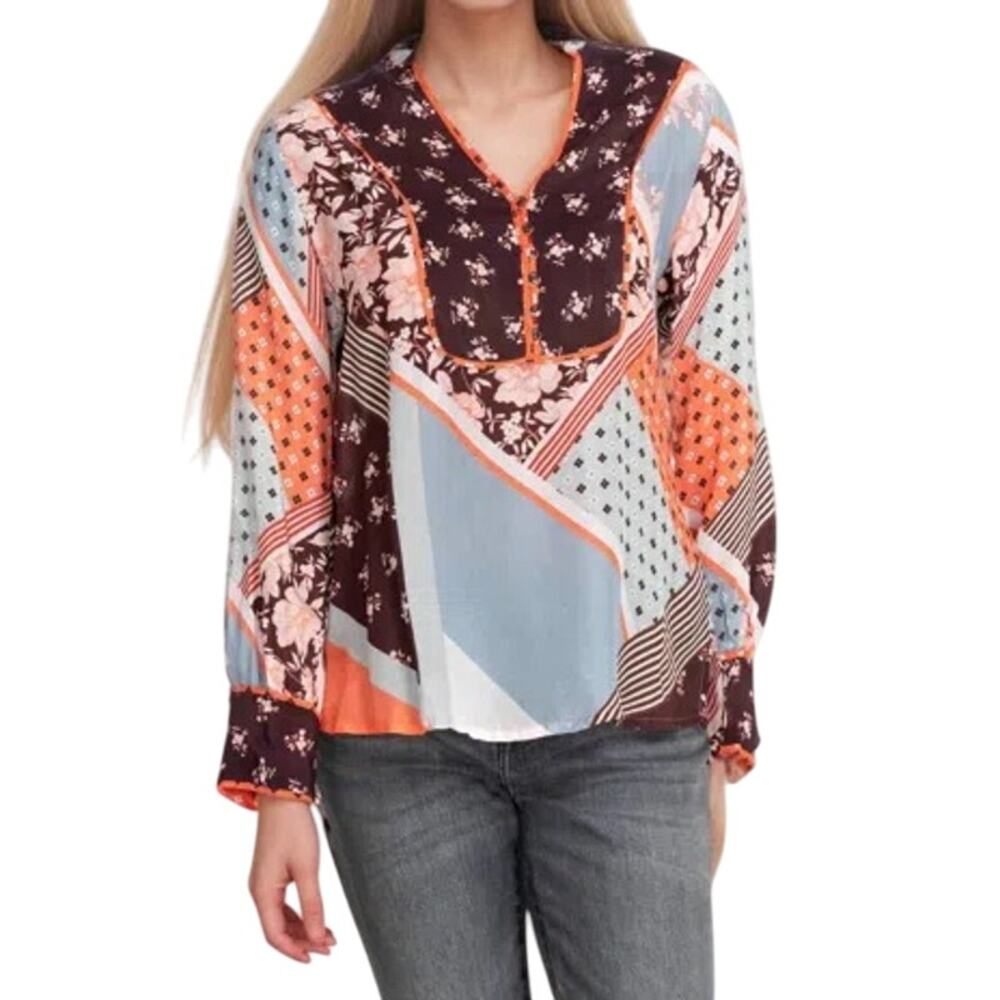Johnny Was Roslyn Toni Blouse Patchwork Pattern Boho Long Sleeve Henley XS